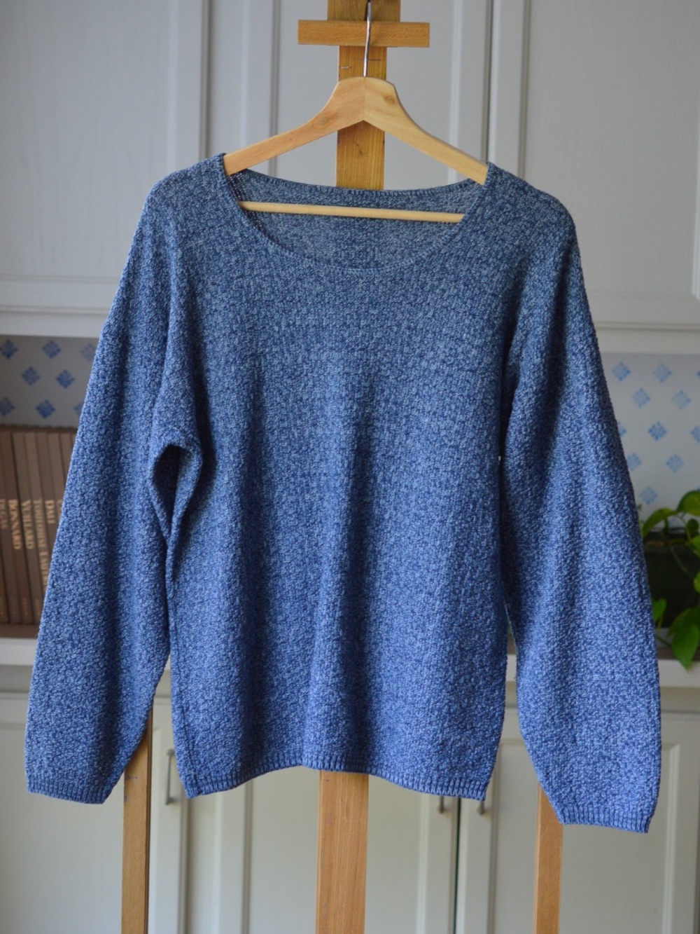Vintage 80s 90s Heather Blue Chunky Waffle Textured Cotton Knit Sweater